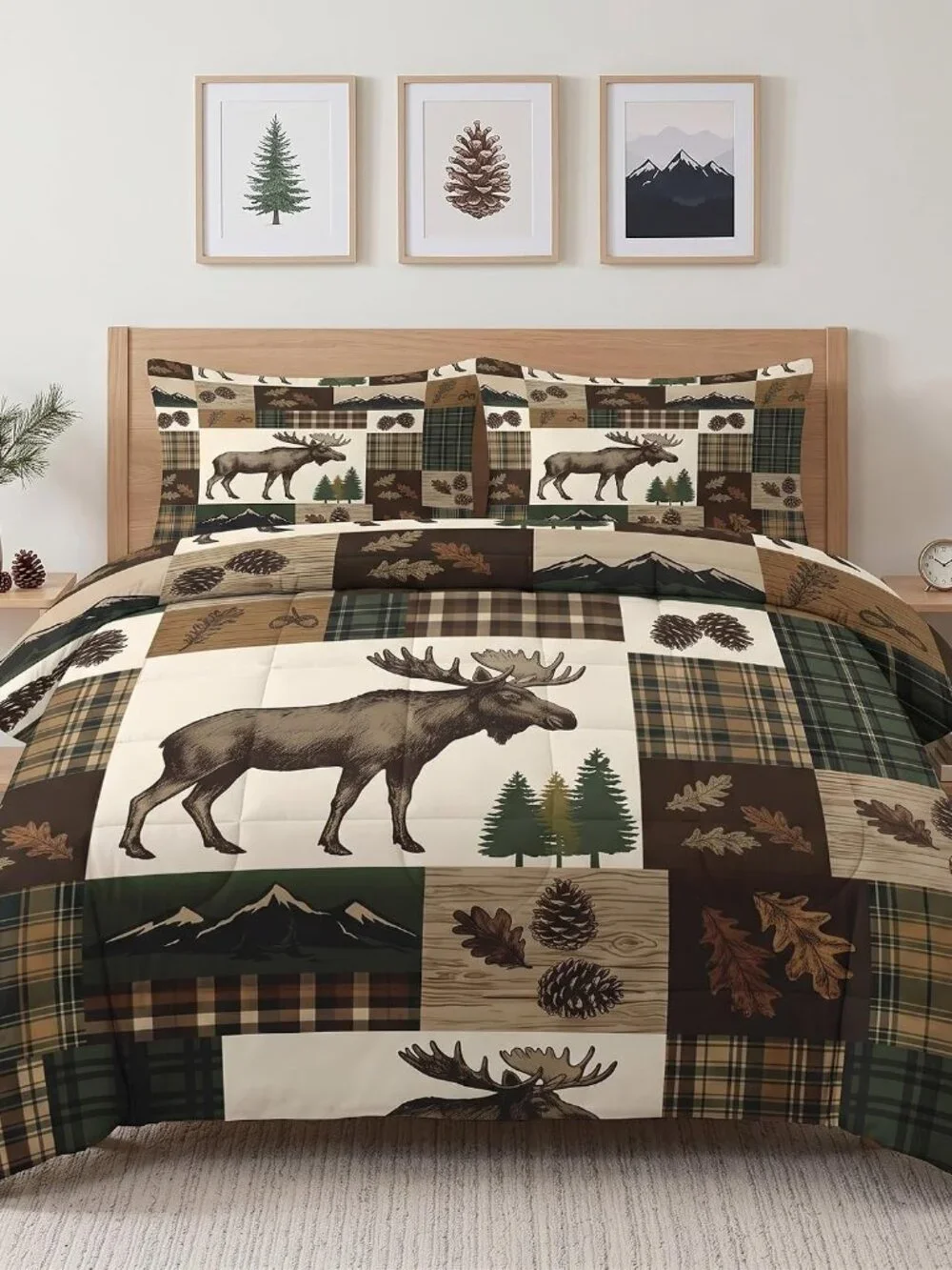 3 Pcs Queen Size Comforter Set with 2 Pillowcases, Moose Rustic Patchwork Soft B